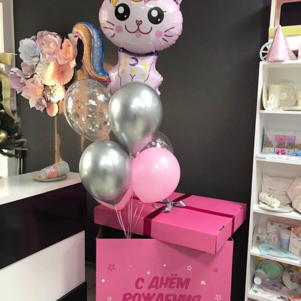Коробка сюрприз с гелиевыми шарами и котиком