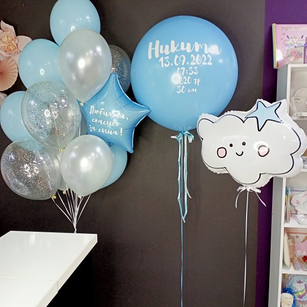 Композиция из гелиевых шаров на выписку из роддома