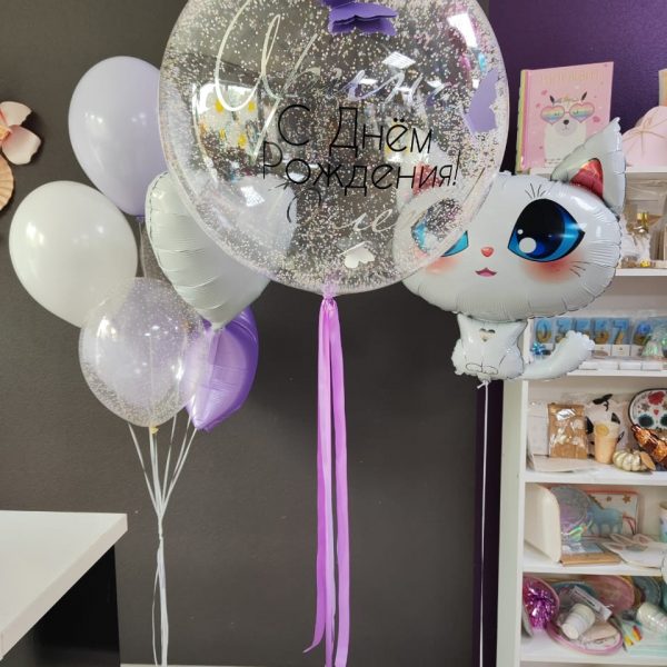 Композиция из шаров для девочки с фольгированной фигурой Кошечка