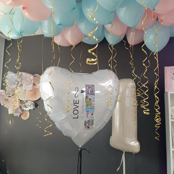 Композиция из гелиевых шаров на годовщину свадьбы с сердцем гигантом