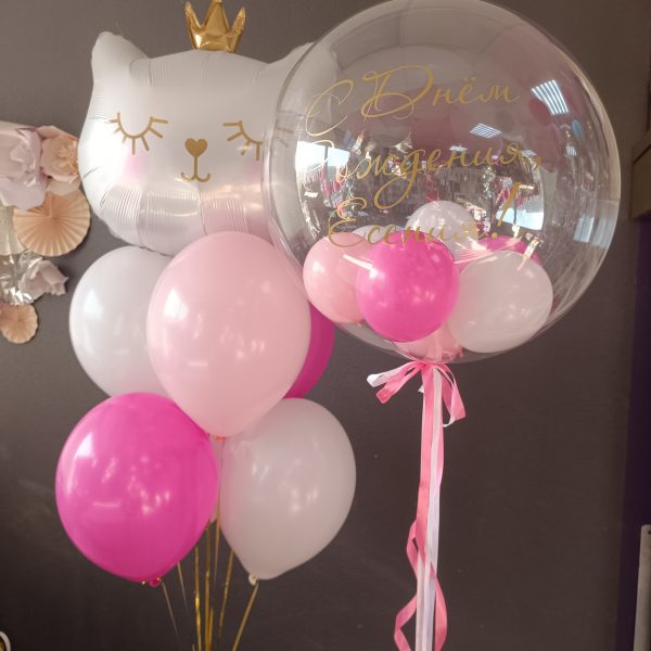 Композиция из гелиевых шаров с кошечкой для девочки