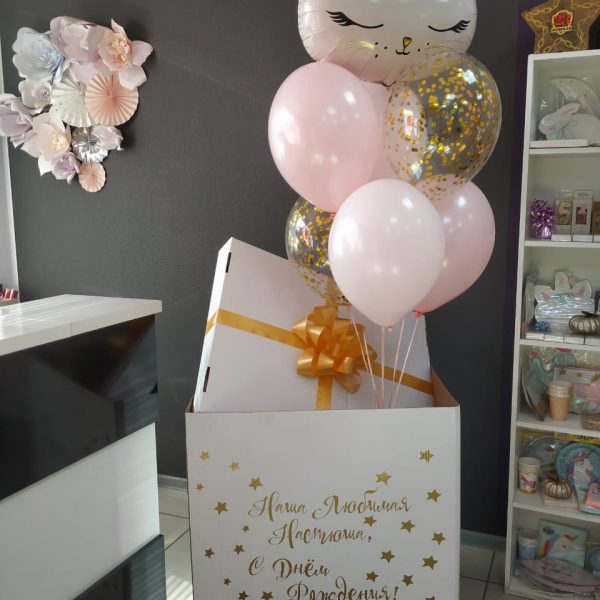 Коробка сюрприз с гелиевыми шарами и кошечкой