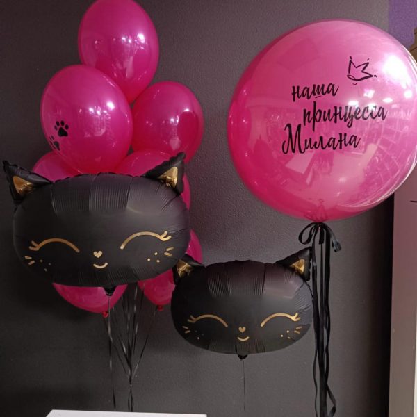 Композиция из гелиевых шаров с кошечками для девочки