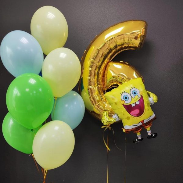 Композиция из гелиевых шаров с Губкой Боб на 6 лет