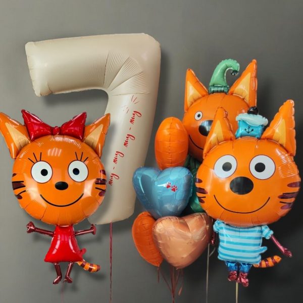 Композиция из гелиевых шаров 3 кота (Три кота) на 7 лет